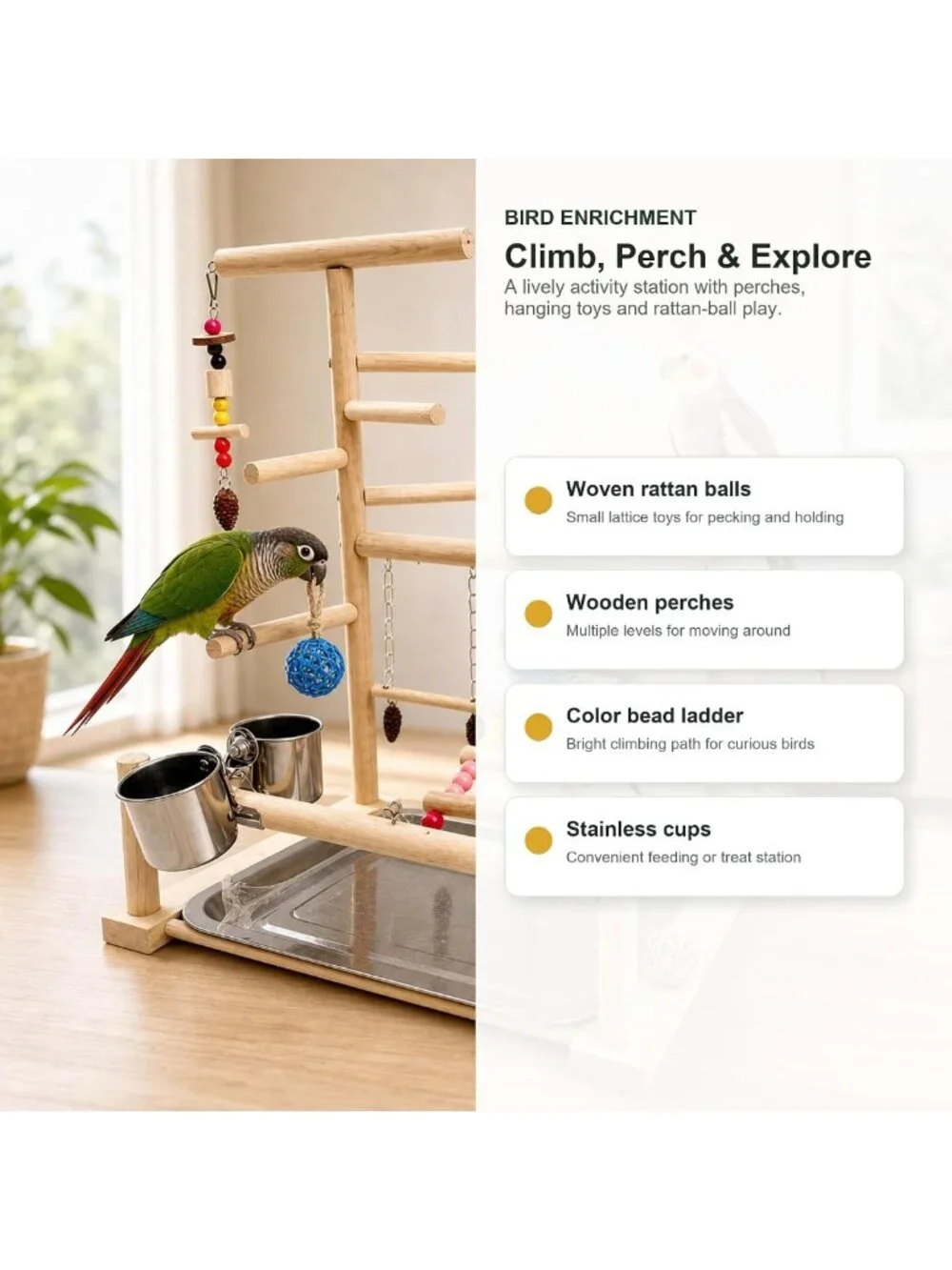 Natural Wood Bird Playground Stand with Ladder, Swing, Food & Water Bowls for